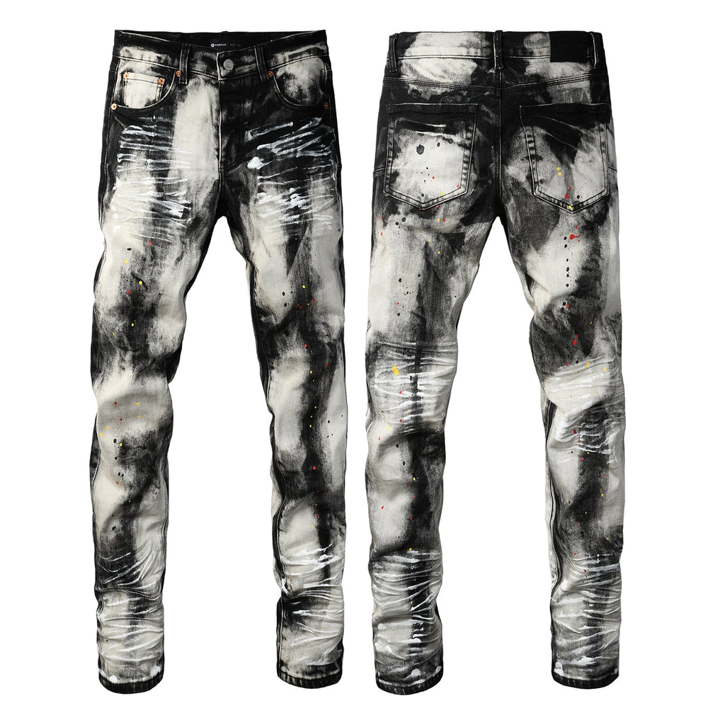 Purple Men Streetwear Skinny Jeans Black and White Graffiti Wash with Multi Color Paint Splash PU9111