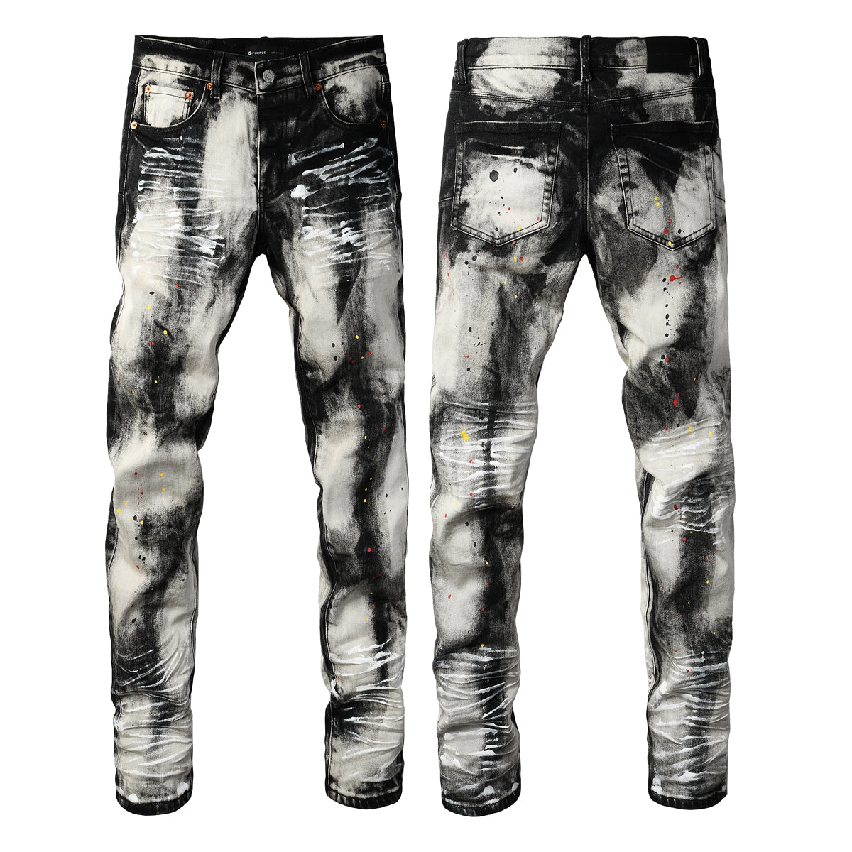 Purple Men Streetwear Skinny Jeans Black and White Graffiti Wash with Multi Color Paint Splash PU9111