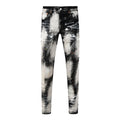 Purple Men Streetwear Skinny Jeans Black and White Graffiti Wash with Multi Color Paint Splash PU9111