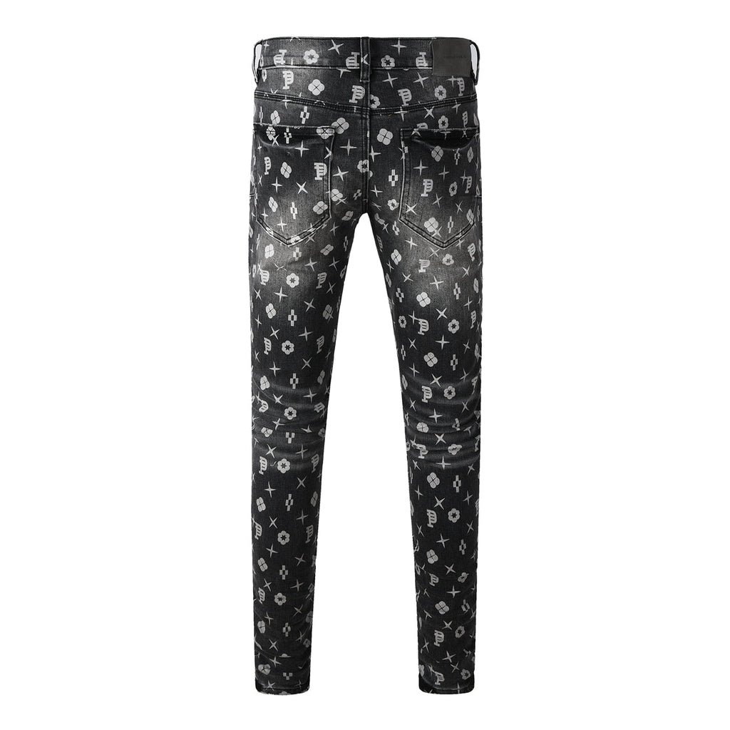 Purple Men Classic Street Skinny Jeans Dark Grey Monogram Print All Over Distressed Style PU9112
