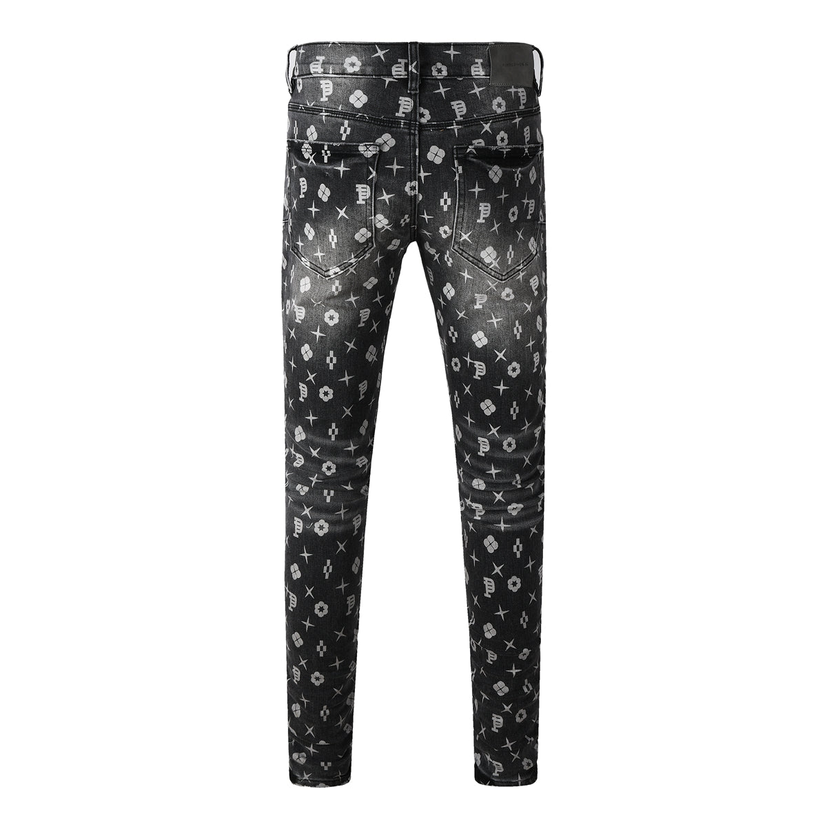 Purple Men Classic Street Skinny Jeans Dark Grey Monogram Print All Over Distressed Style PU9112