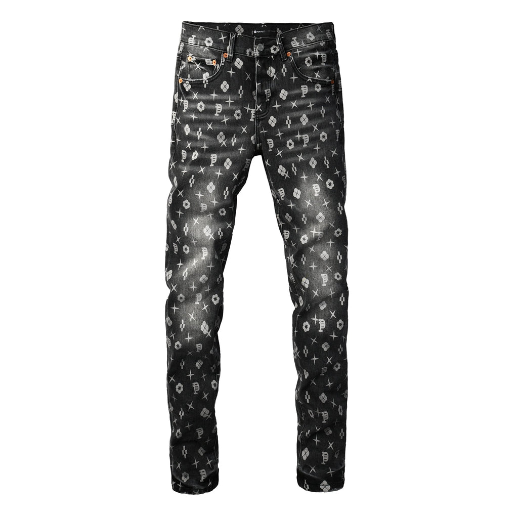 Purple Men Classic Street Skinny Jeans Dark Grey Monogram Print All Over Distressed Style PU9112