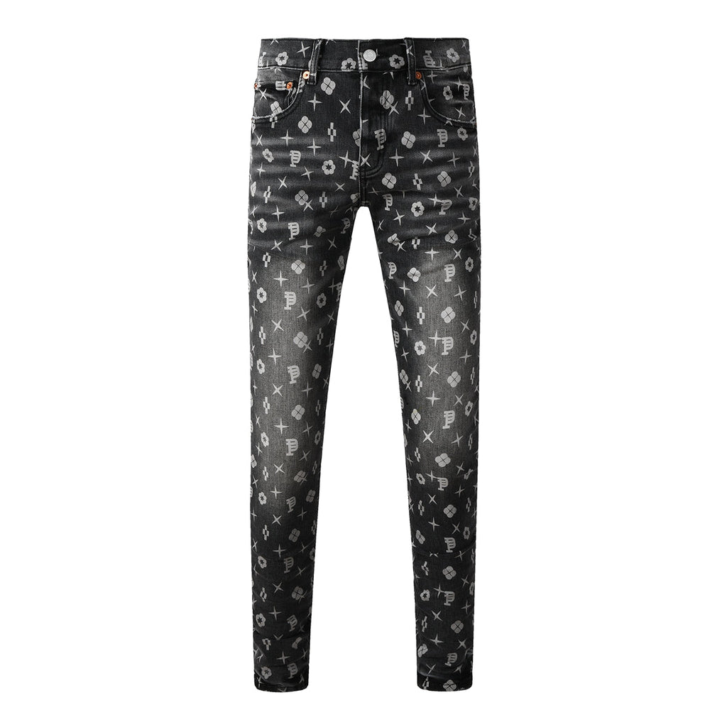 Purple Men Classic Street Skinny Jeans Dark Grey Monogram Print All Over Distressed Style PU9112