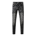 Purple Men Classic Street Skinny Jeans Dark Grey Monogram Print All Over Distressed Style PU9112