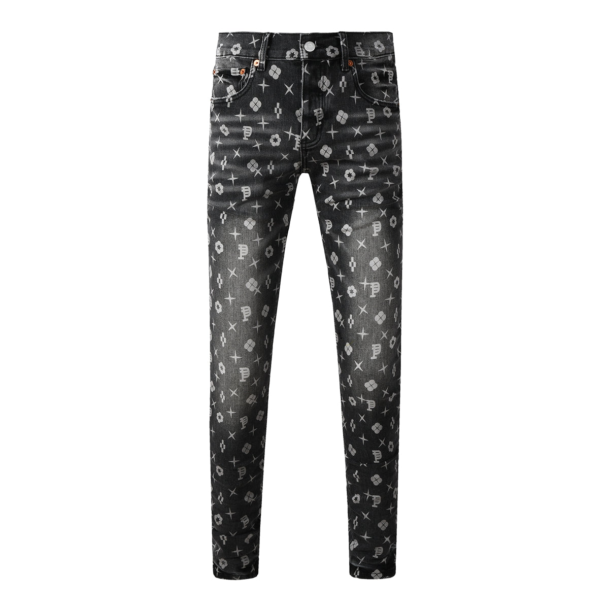 Purple Men Classic Street Skinny Jeans Dark Grey Monogram Print All Over Distressed Style PU9112