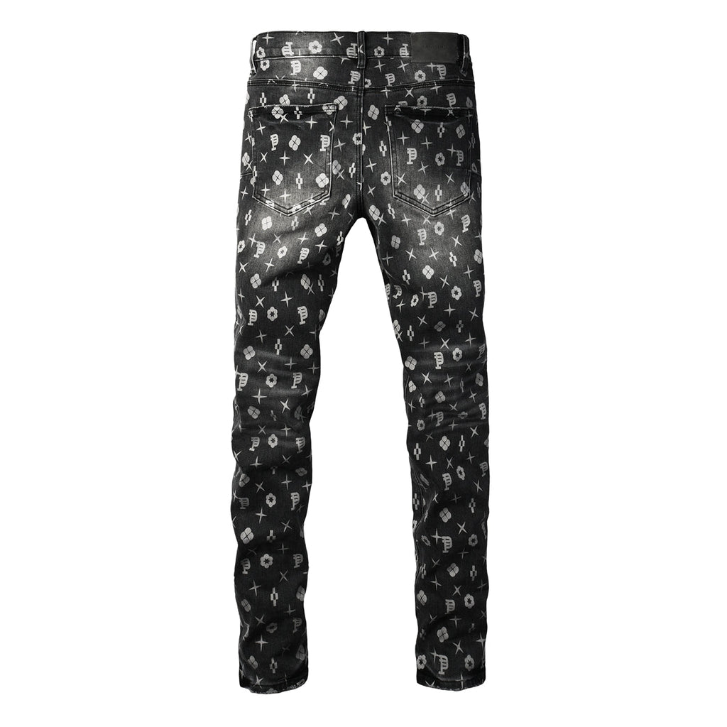 Purple Men Classic Street Skinny Jeans Dark Grey Monogram Print All Over Distressed Style PU9112