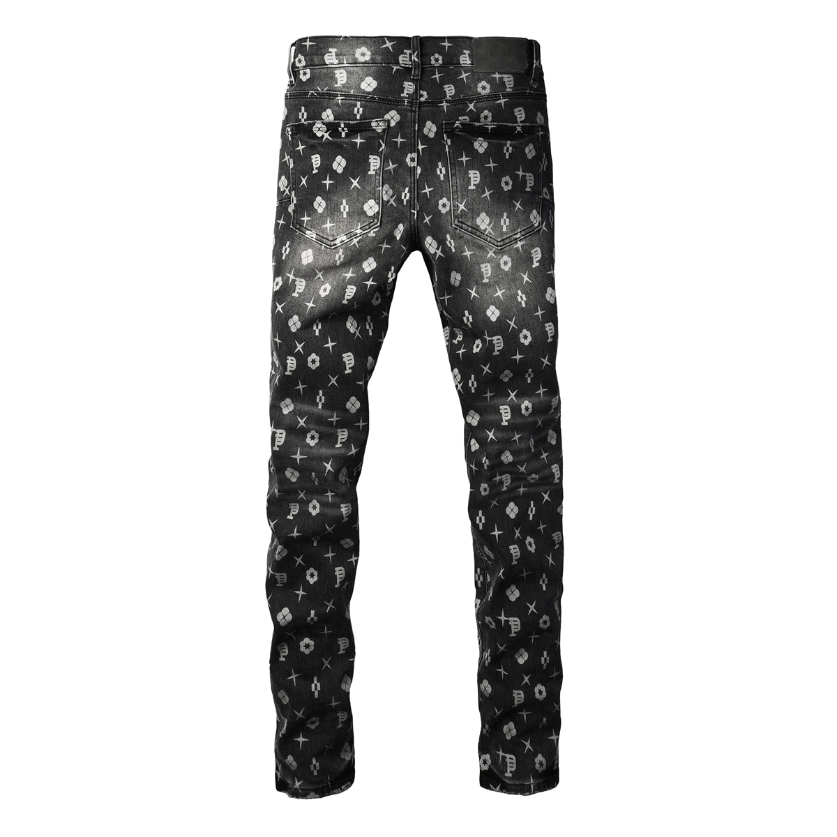 Purple Men Classic Street Skinny Jeans Dark Grey Monogram Print All Over Distressed Style PU9112