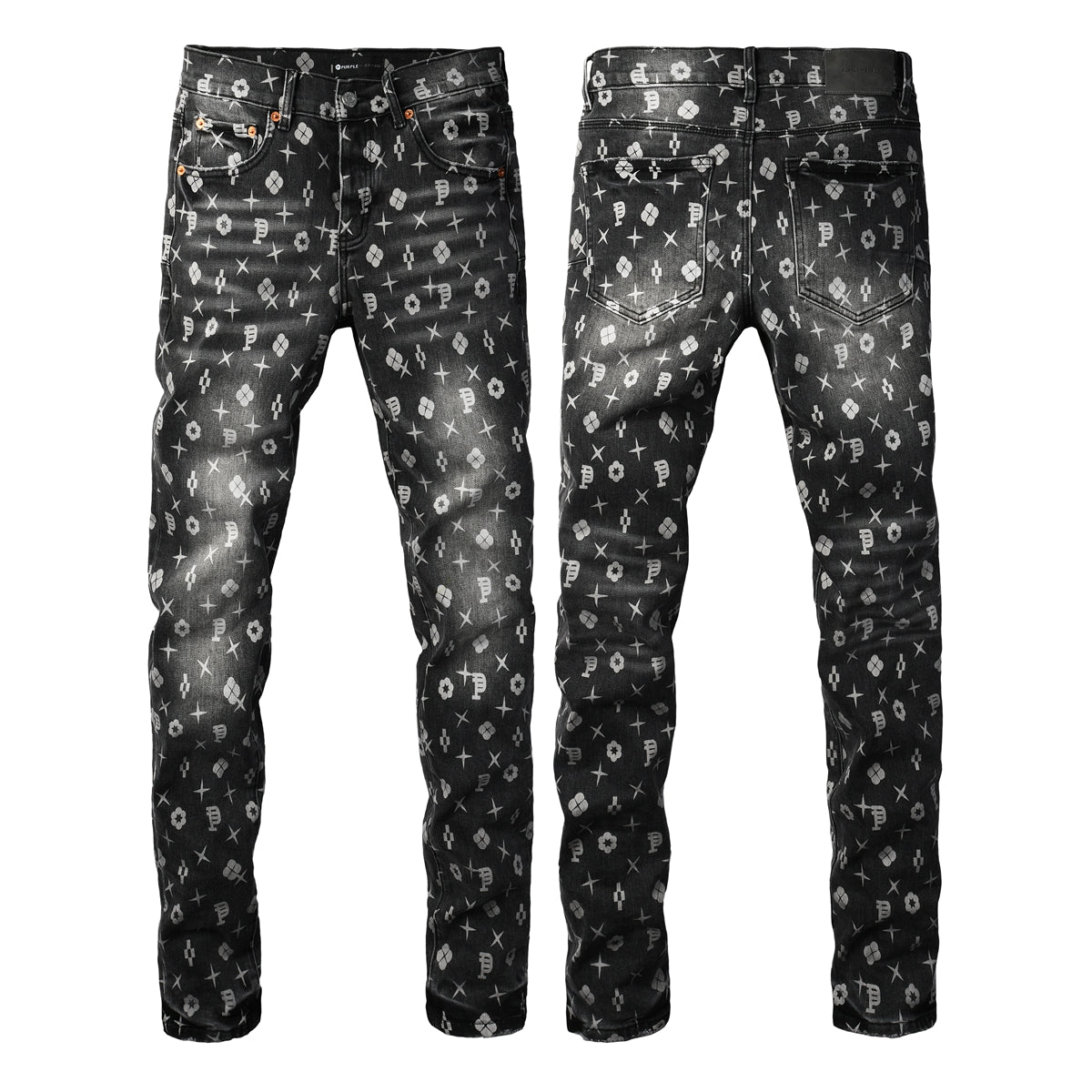 Purple Men Classic Street Skinny Jeans Dark Grey Monogram Print All Over Distressed Style PU9112