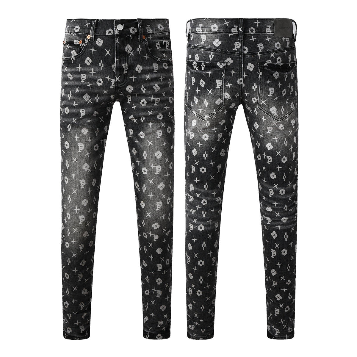 Purple Men Classic Street Skinny Jeans Dark Grey Monogram Print All Over Distressed Style PU9112