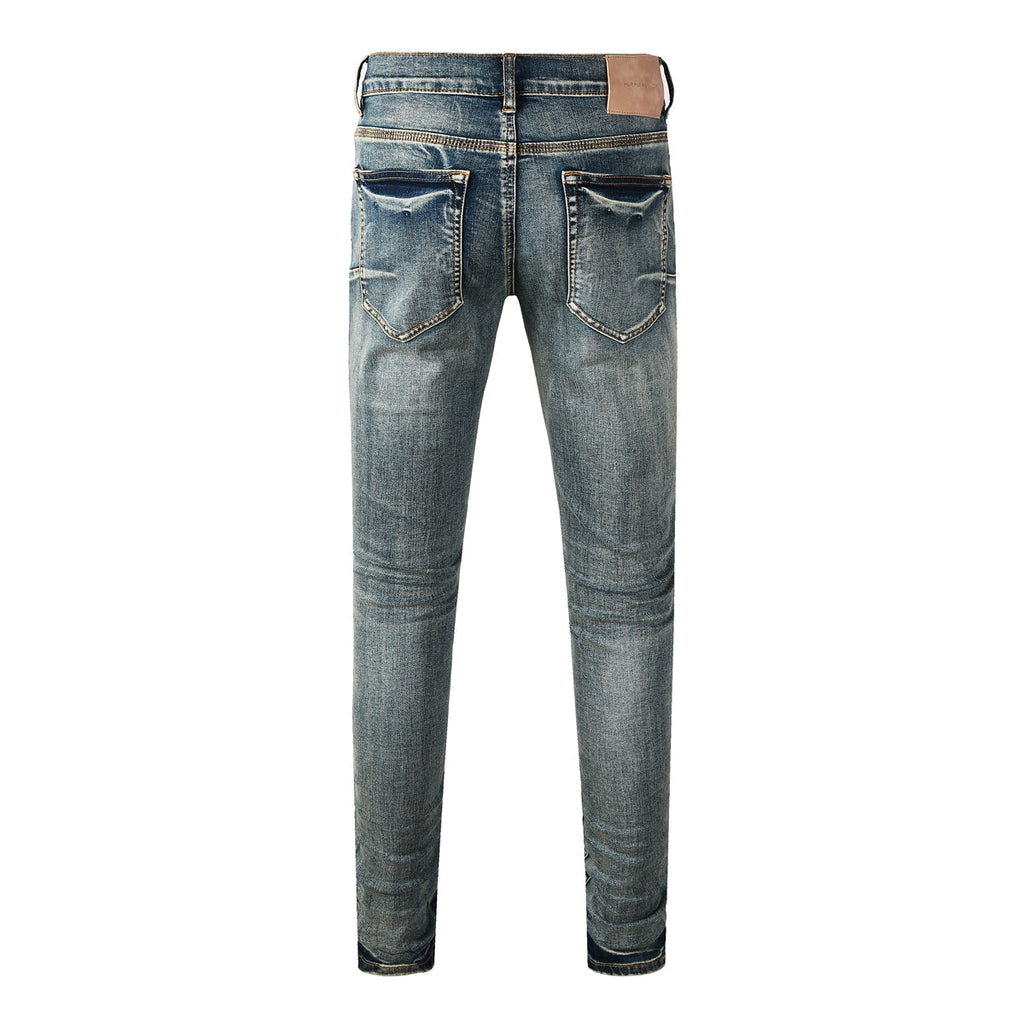 Purple Men’s Dark Blue Slim Fit Jeans with Heavy Distressed Red Patchwork Details for Edgy Streetwear Style 9114