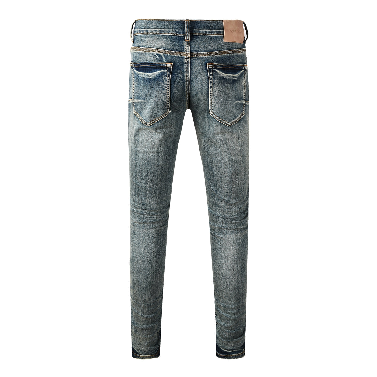 Purple Men’s Dark Blue Slim Fit Jeans with Heavy Distressed Red Patchwork Details for Edgy Streetwear Style 9114