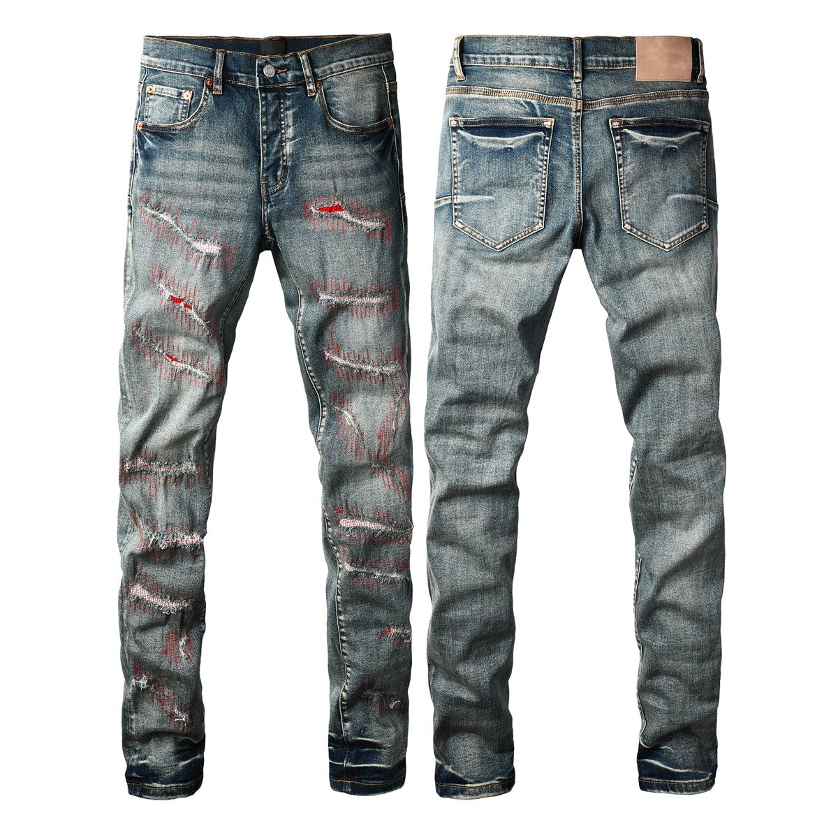 Purple Men’s Dark Blue Slim Fit Jeans with Heavy Distressed Red Patchwork Details for Edgy Streetwear Style 9114