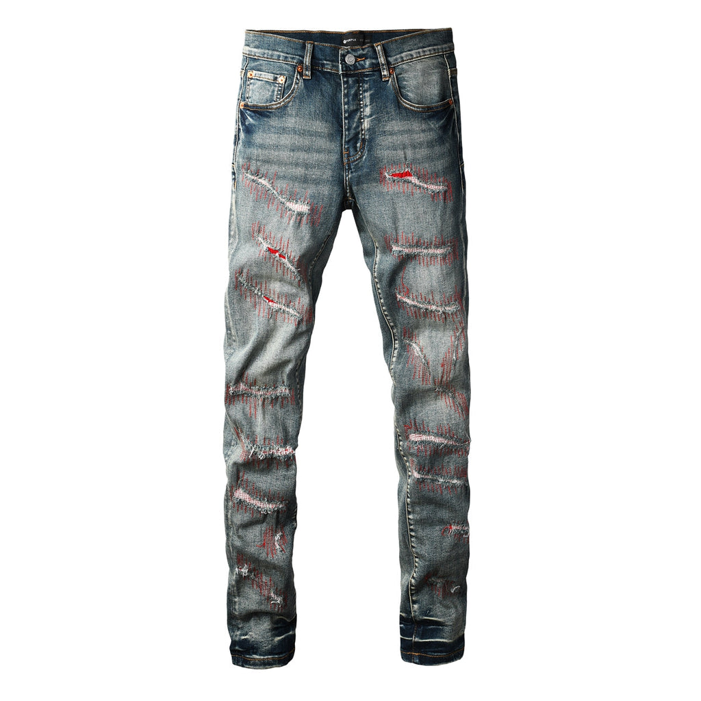 Purple Men’s Dark Blue Slim Fit Jeans with Heavy Distressed Red Patchwork Details for Edgy Streetwear Style 9114