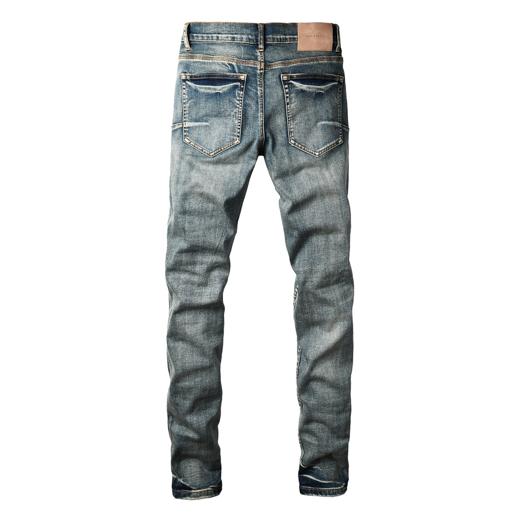 Purple Men’s Dark Blue Slim Fit Jeans with Heavy Distressed Red Patchwork Details for Edgy Streetwear Style 9114
