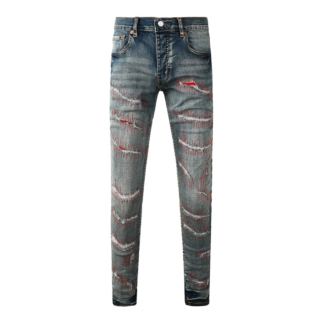 Purple Men’s Dark Blue Slim Fit Jeans with Heavy Distressed Red Patchwork Details for Edgy Streetwear Style 9114