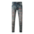 Purple Men’s Dark Blue Slim Fit Jeans with Heavy Distressed Red Patchwork Details for Edgy Streetwear Style 9114