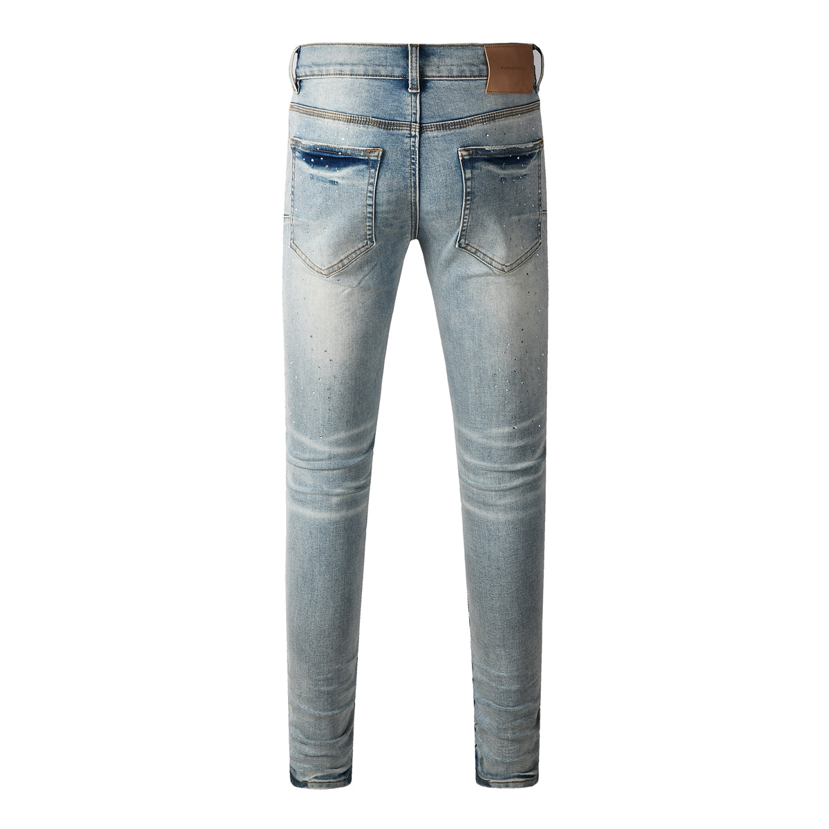 Purple Men Streetwear Skinny Jeans Light Blue with Rhinestone Studs and Distressed Details PU9119