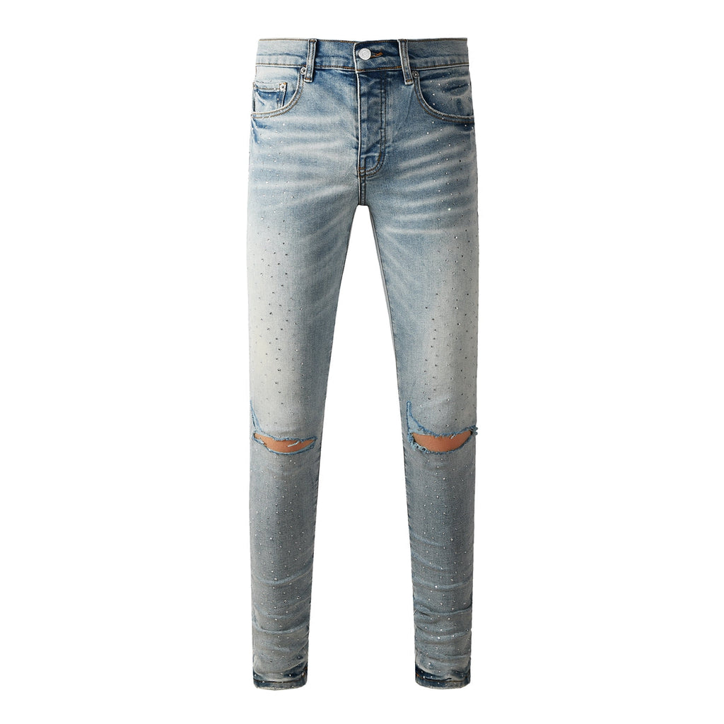 Purple Men Streetwear Skinny Jeans Light Blue with Rhinestone Studs and Distressed Details PU9119