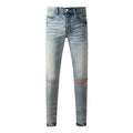 Purple Men Streetwear Skinny Jeans Light Blue with Rhinestone Studs and Distressed Details PU9119