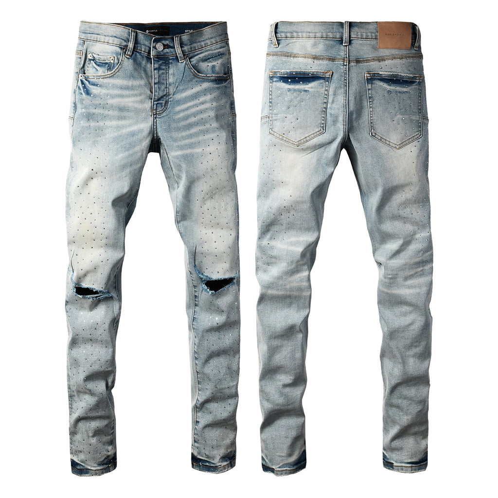 Purple Men Streetwear Skinny Jeans Light Blue with Rhinestone Studs and Distressed Details PU9119