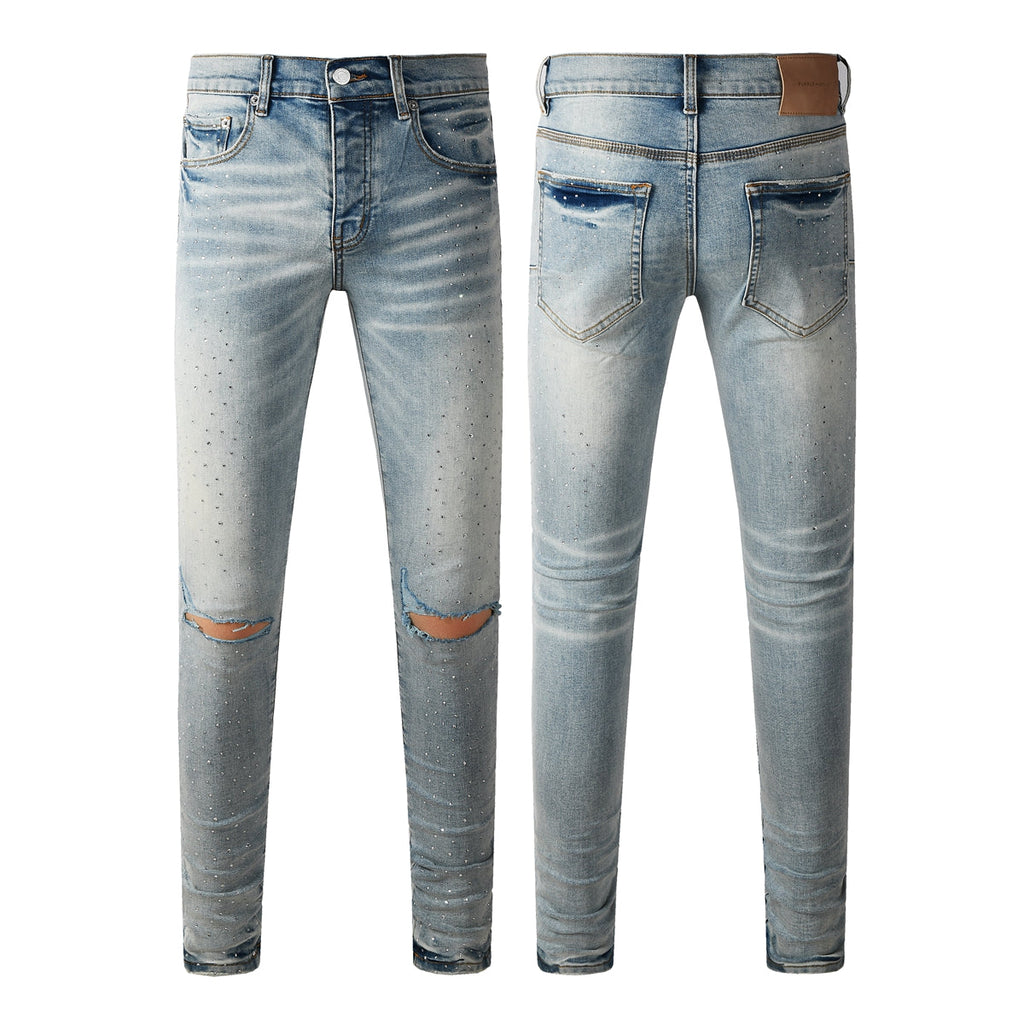 Purple Men Streetwear Skinny Jeans Light Blue with Rhinestone Studs and Distressed Details PU9119
