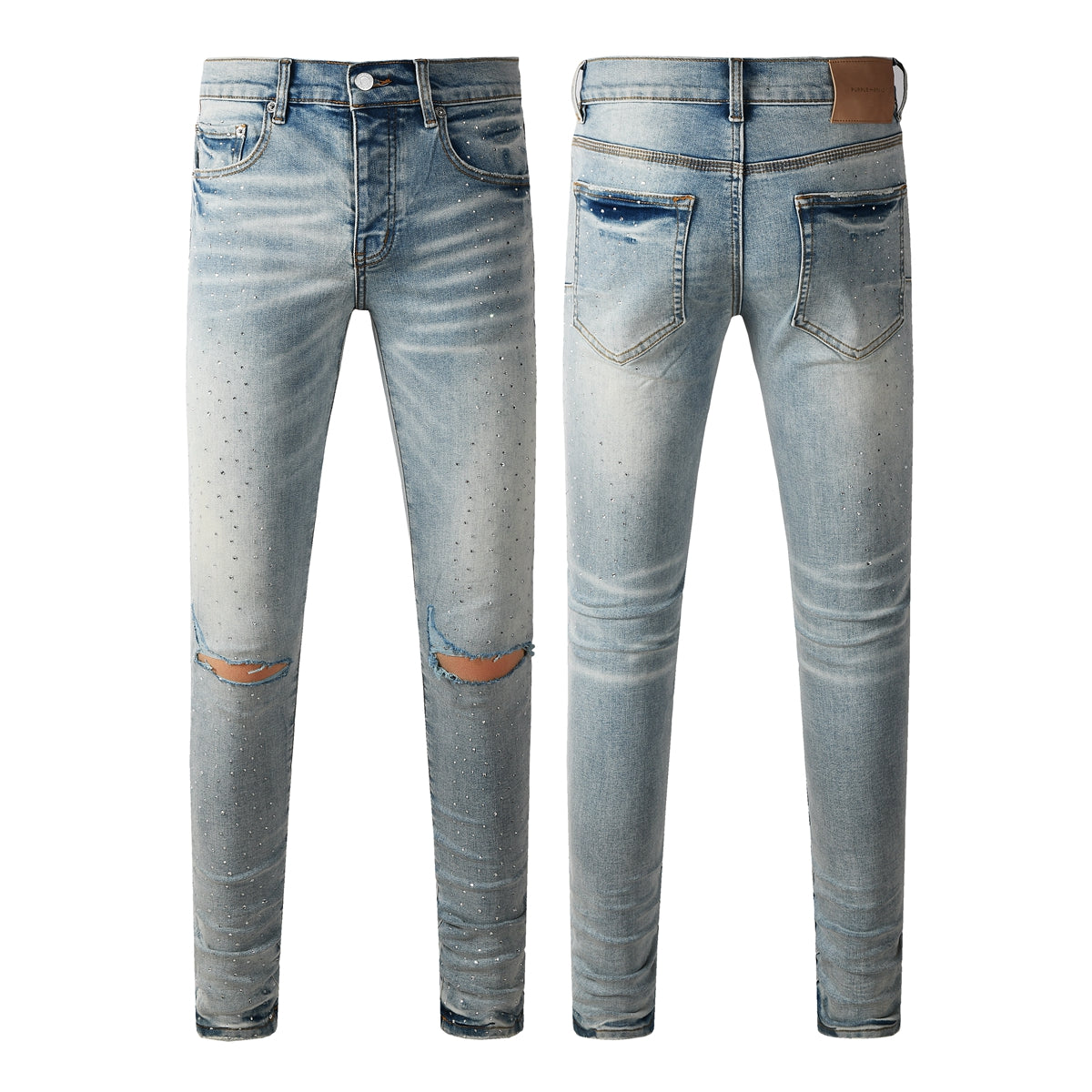 Purple Men Streetwear Skinny Jeans Light Blue with Rhinestone Studs and Distressed Details PU9119