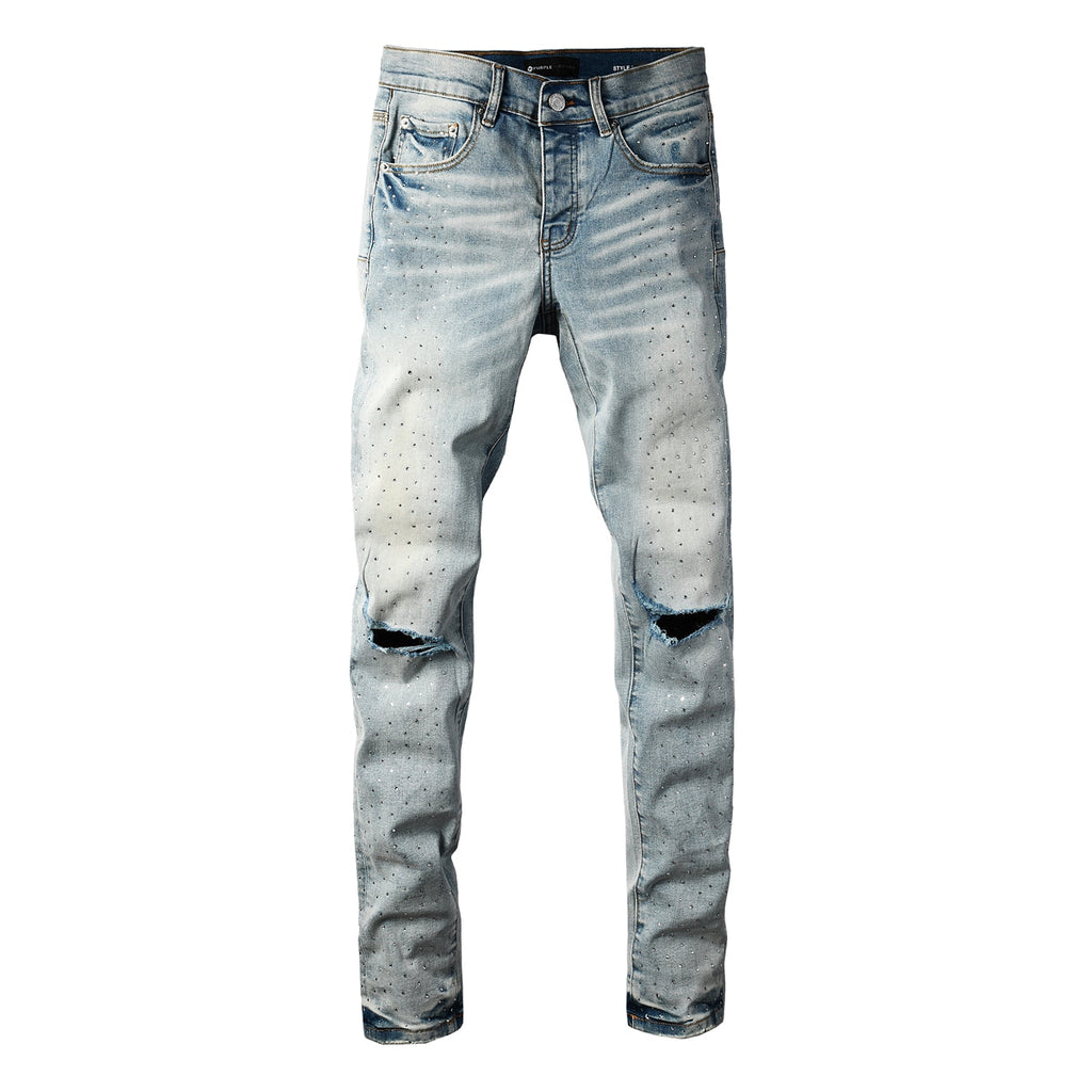 Purple Men Streetwear Skinny Jeans Light Blue with Rhinestone Studs and Distressed Details PU9119