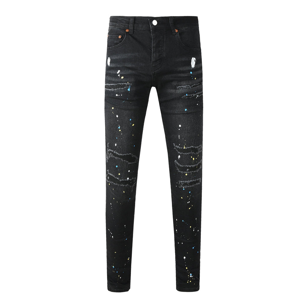 Purple Jeans Streetwear Men’s Black Ripped Slim Jeans with Multi Color Paint Splatter Effect and Rugged Tear Details 9121