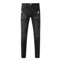 Purple Jeans Streetwear Men’s Black Ripped Slim Jeans with Multi Color Paint Splatter Effect and Rugged Tear Details 9121