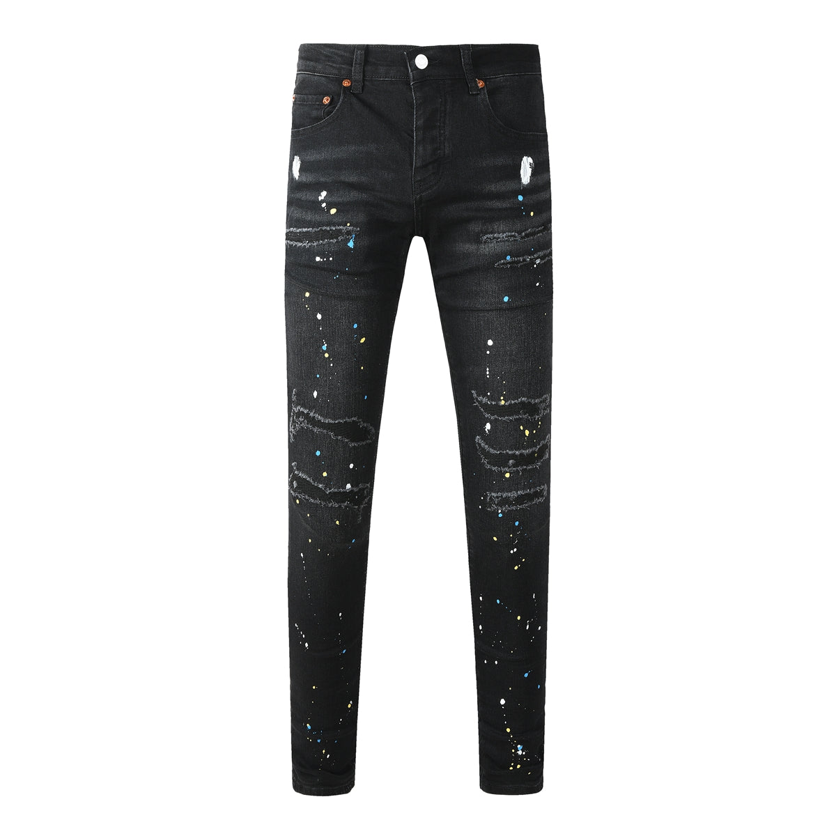 Purple Jeans Streetwear Men’s Black Ripped Slim Jeans with Multi Color Paint Splatter Effect and Rugged Tear Details 9121