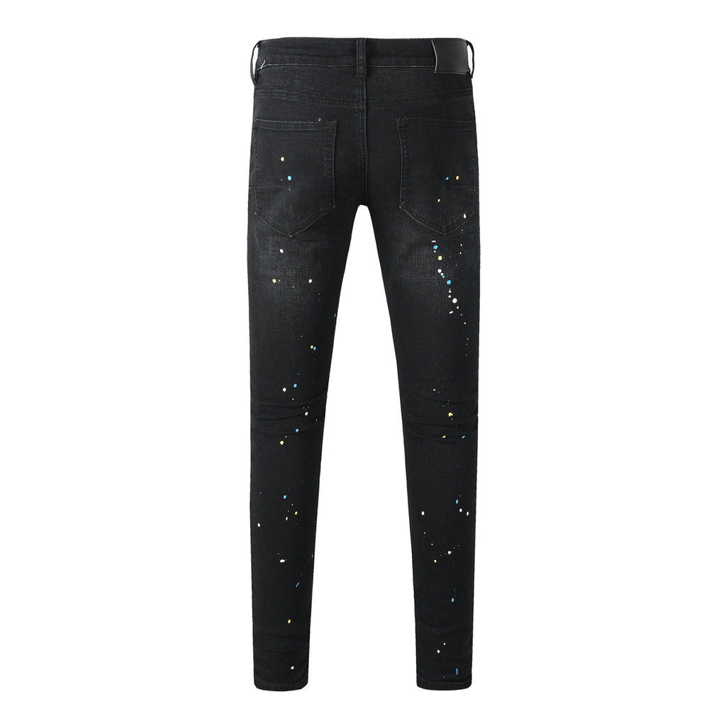Purple Jeans Streetwear Men’s Black Ripped Slim Jeans with Multi Color Paint Splatter Effect and Rugged Tear Details 9121