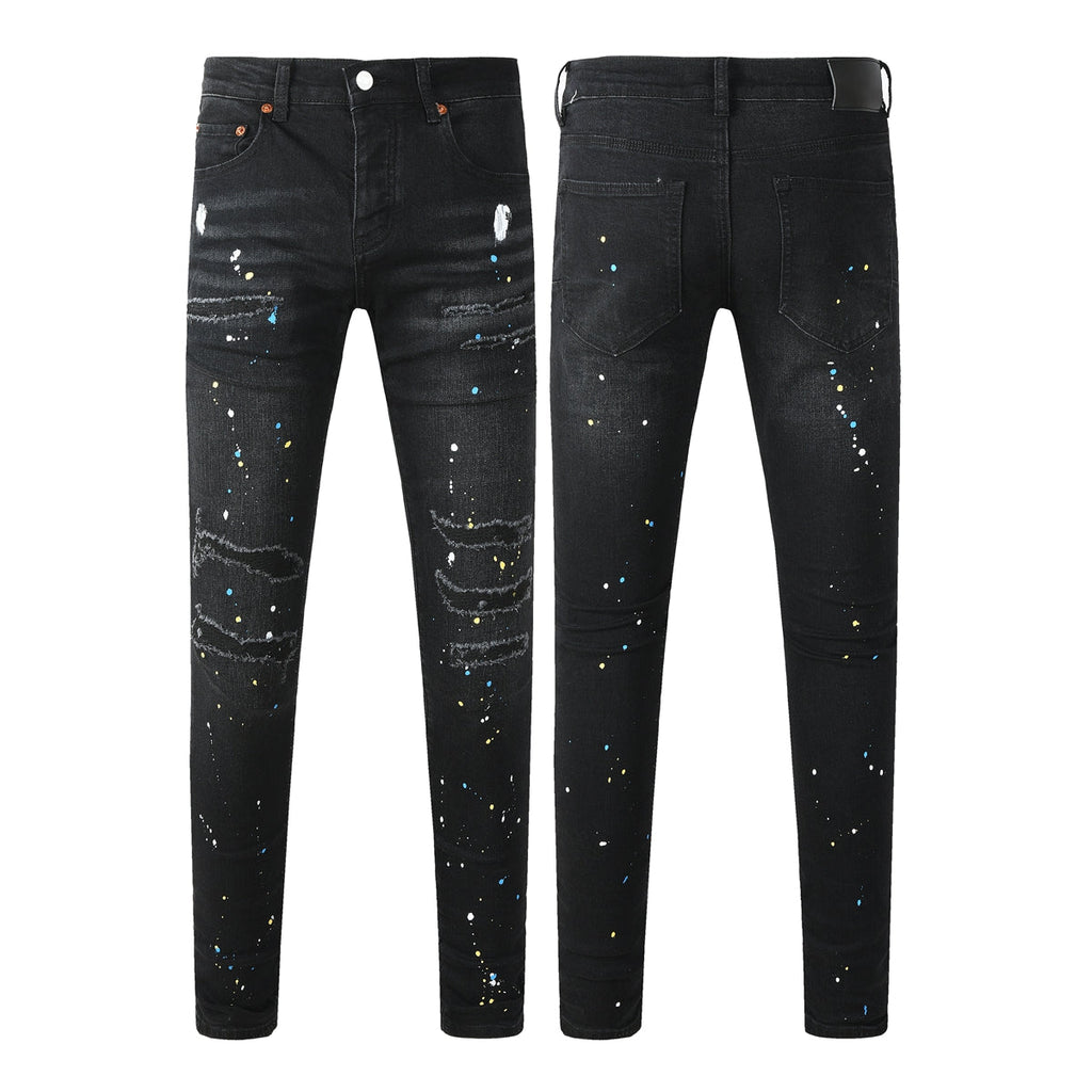 Purple Jeans Streetwear Men’s Black Ripped Slim Jeans with Multi Color Paint Splatter Effect and Rugged Tear Details 9121