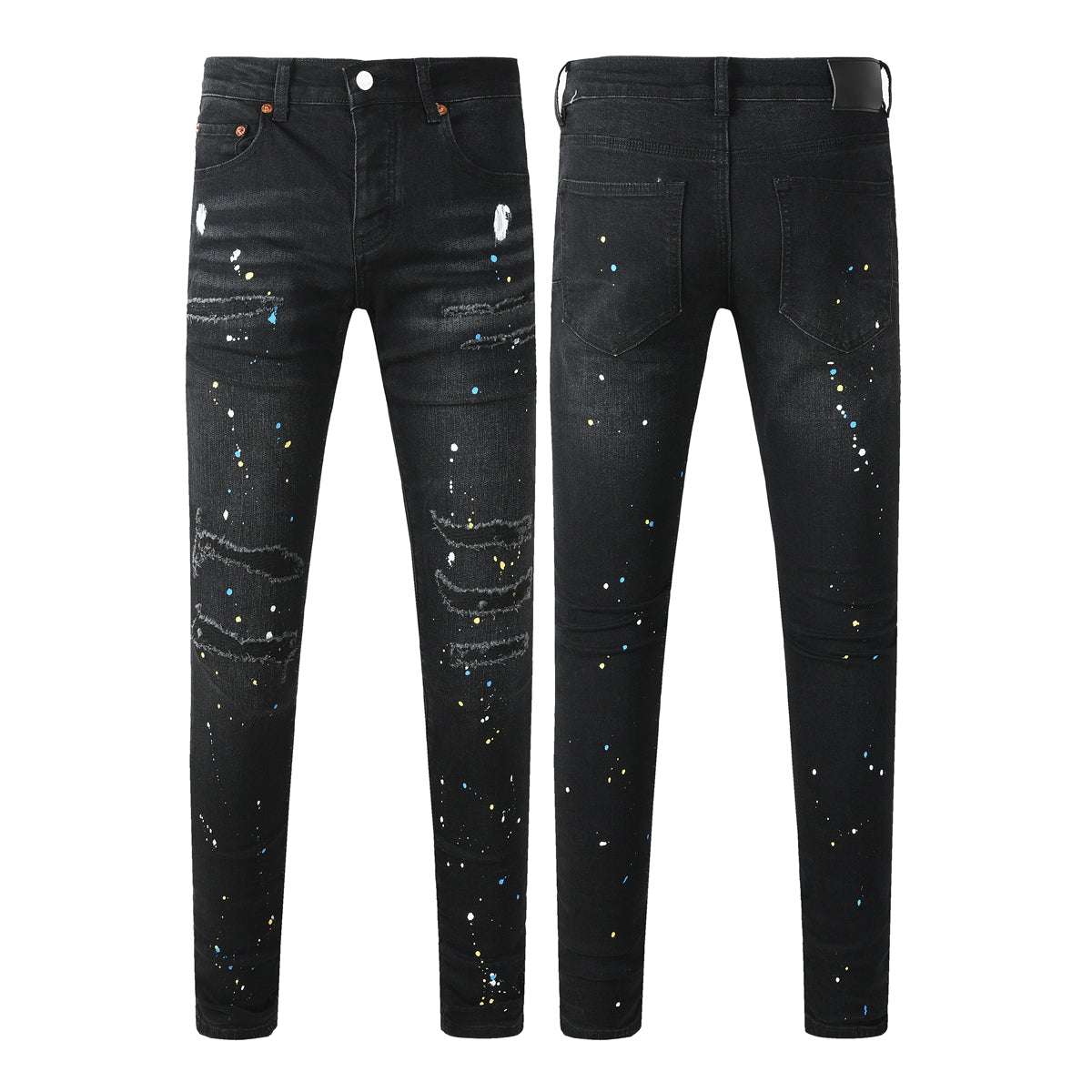 Purple Jeans Streetwear Men’s Black Ripped Slim Jeans with Multi Color Paint Splatter Effect and Rugged Tear Details 9121