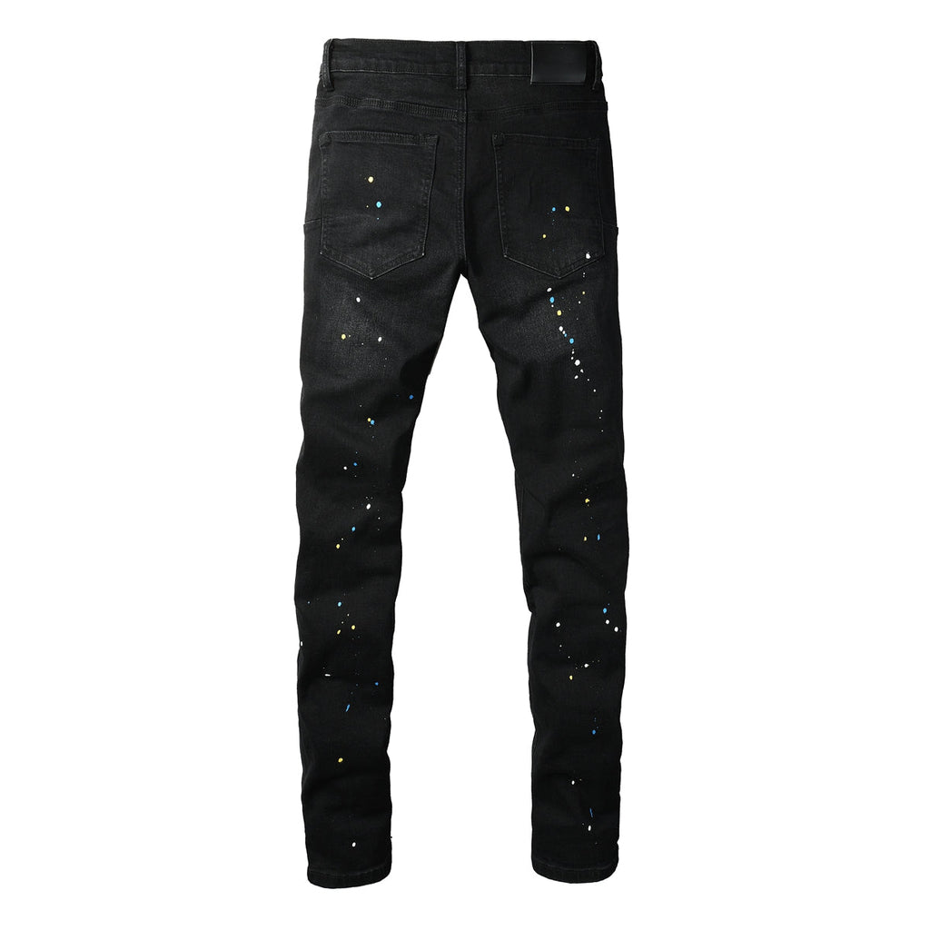 Purple Jeans Streetwear Men’s Black Ripped Slim Jeans with Multi Color Paint Splatter Effect and Rugged Tear Details 9121