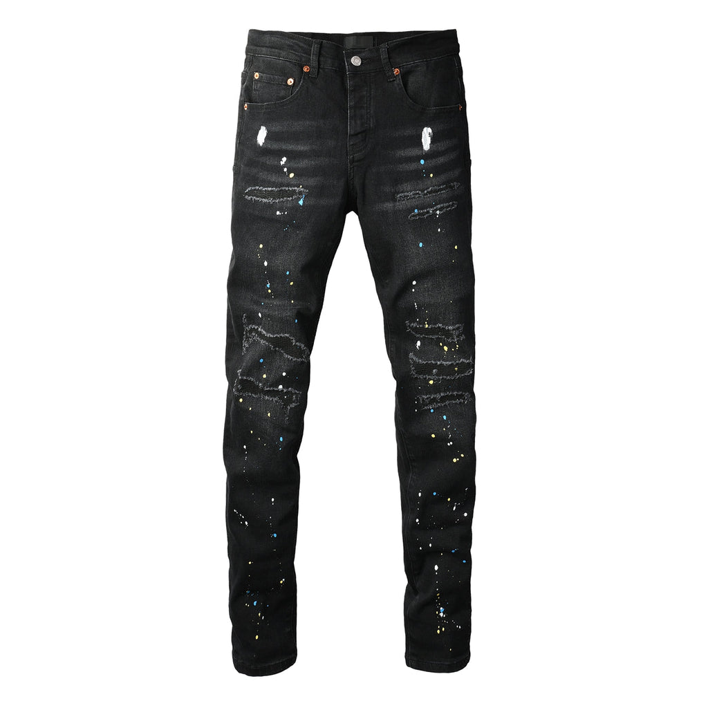 Purple Jeans Streetwear Men’s Black Ripped Slim Jeans with Multi Color Paint Splatter Effect and Rugged Tear Details 9121