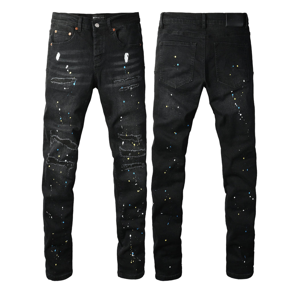 Purple Jeans Streetwear Men’s Black Ripped Slim Jeans with Multi Color Paint Splatter Effect and Rugged Tear Details 9121