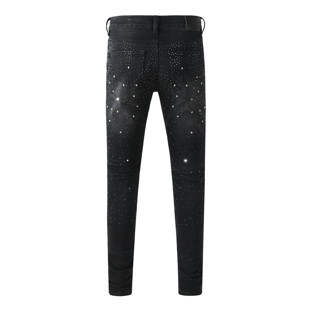 Purple Mens Black Skinny Jeans with Gradient Rhinestone Embellishment Sparkling Night Sky Inspired Denim 9130