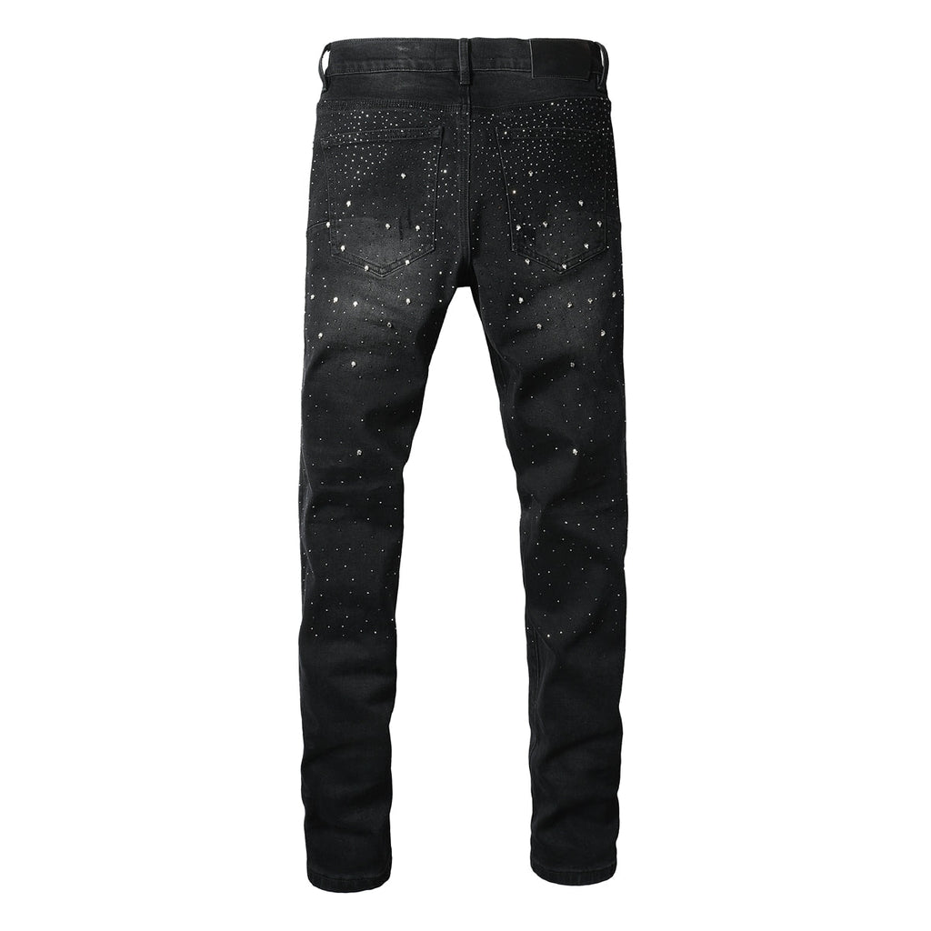 Purple Mens Black Skinny Jeans with Gradient Rhinestone Embellishment Sparkling Night Sky Inspired Denim 9130