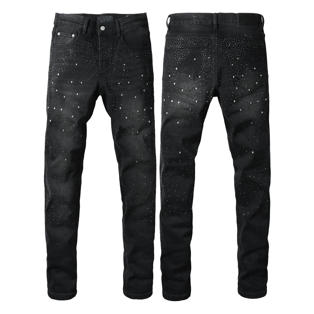 Purple Mens Black Skinny Jeans with Gradient Rhinestone Embellishment Sparkling Night Sky Inspired Denim 9130