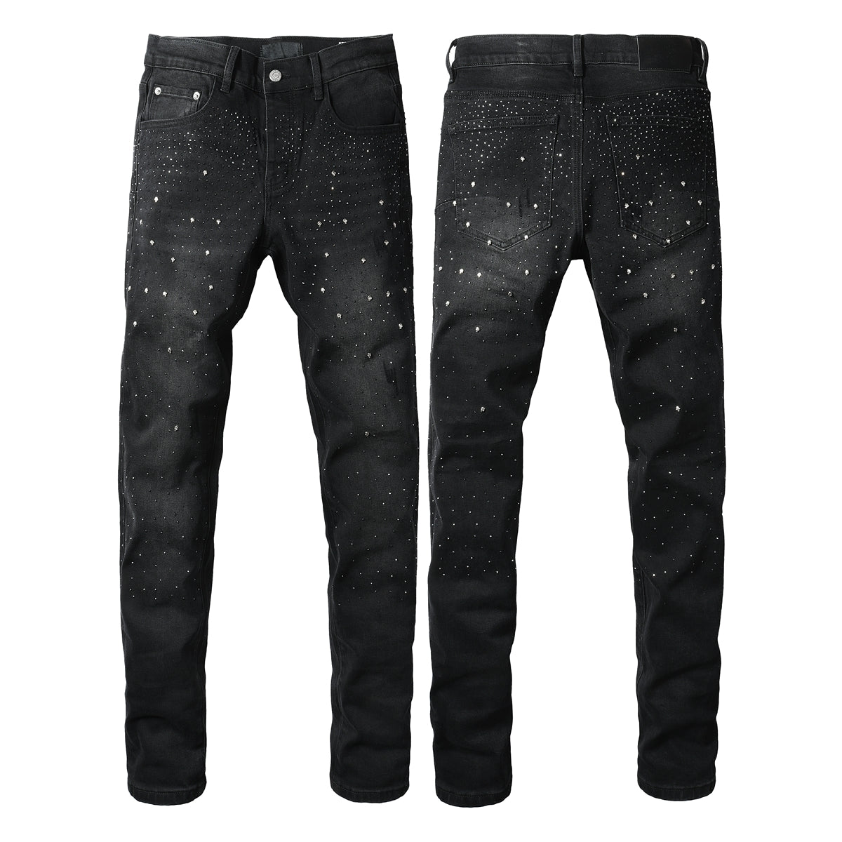Purple Mens Black Skinny Jeans with Gradient Rhinestone Embellishment Sparkling Night Sky Inspired Denim 9130
