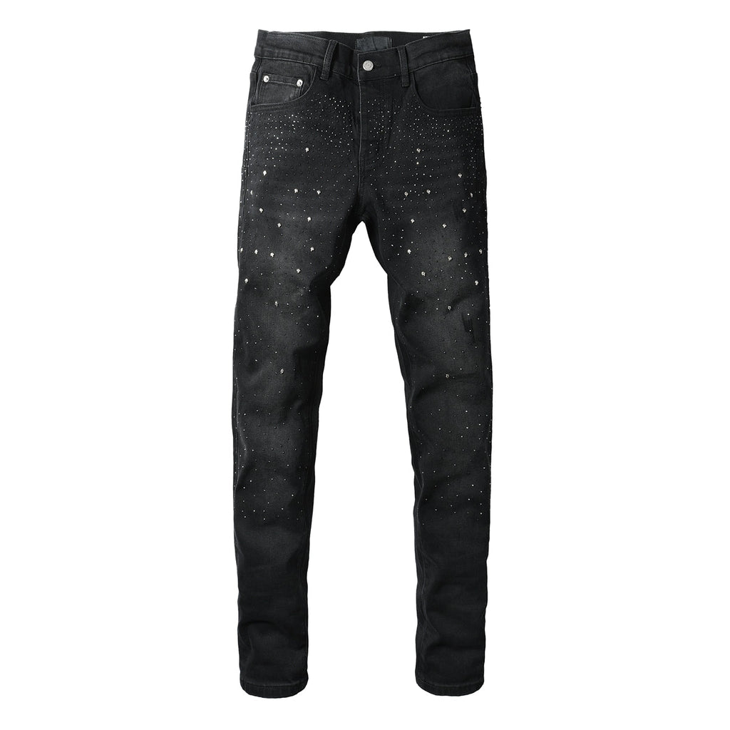 Purple Mens Black Skinny Jeans with Gradient Rhinestone Embellishment Sparkling Night Sky Inspired Denim 9130