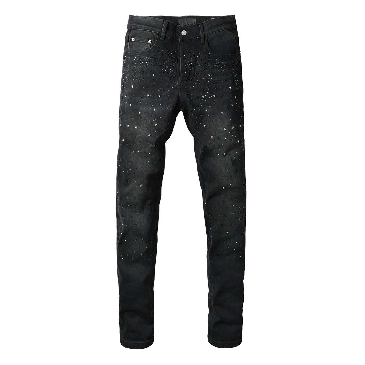 Purple Mens Black Skinny Jeans with Gradient Rhinestone Embellishment Sparkling Night Sky Inspired Denim 9130