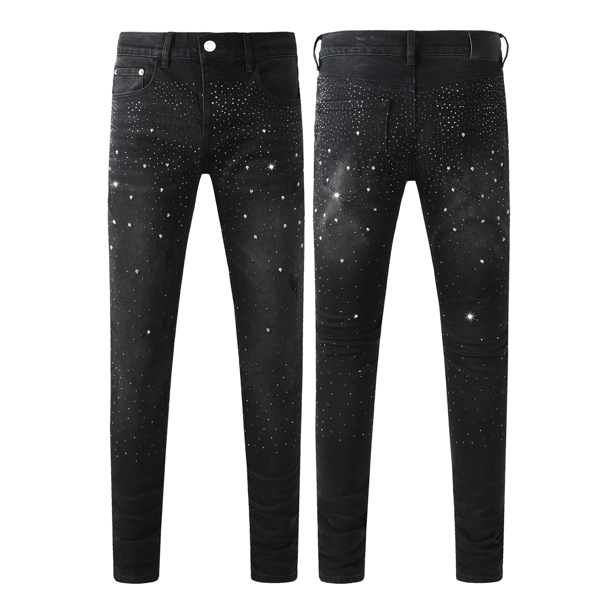 Purple Mens Black Skinny Jeans with Gradient Rhinestone Embellishment Sparkling Night Sky Inspired Denim 9130
