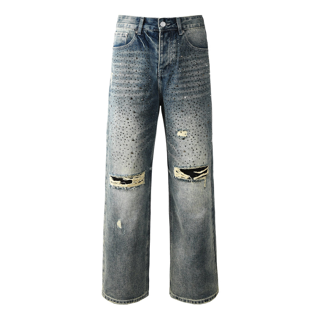 Purple Jeans Mens Designer Washed Blue Jeans Loose Fit with Crystal Embellishment and Edgy Ripped Look 9131