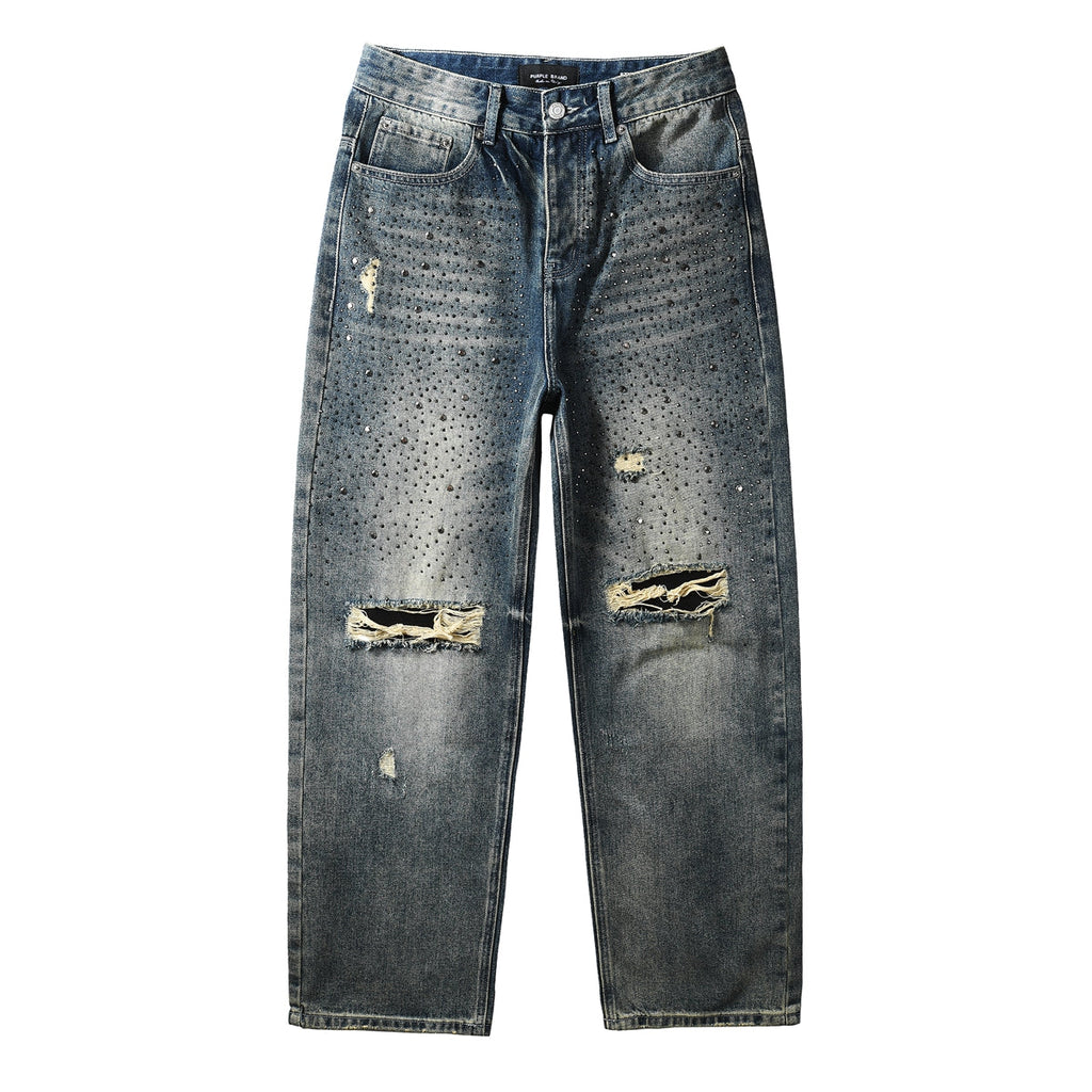 Purple Jeans Mens Designer Washed Blue Jeans Loose Fit with Crystal Embellishment and Edgy Ripped Look 9131