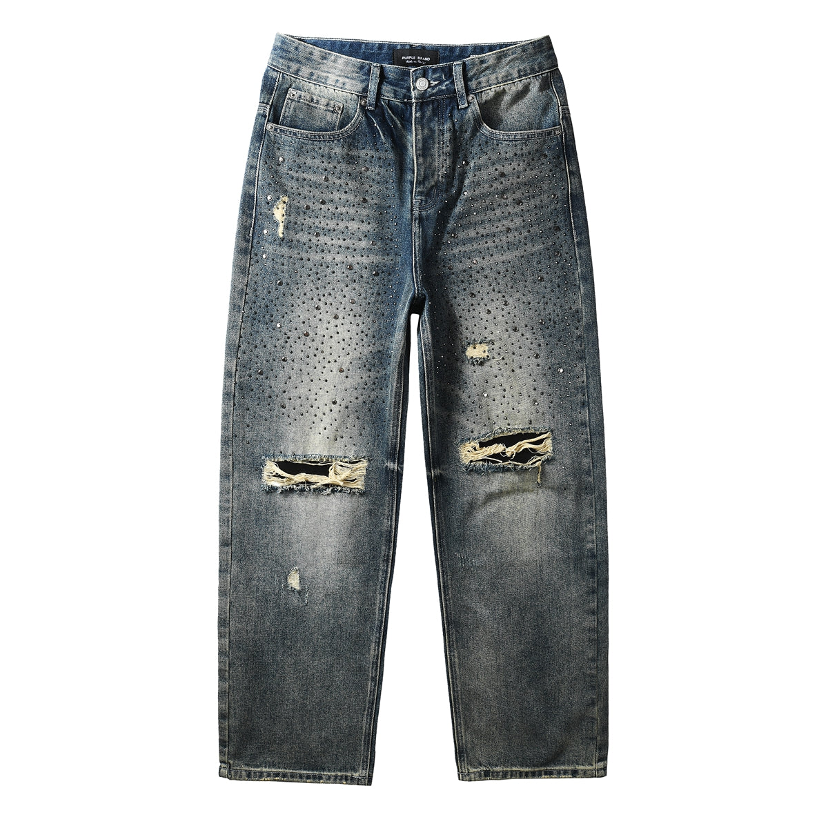 Purple Jeans Mens Designer Washed Blue Jeans Loose Fit with Crystal Embellishment and Edgy Ripped Look 9131
