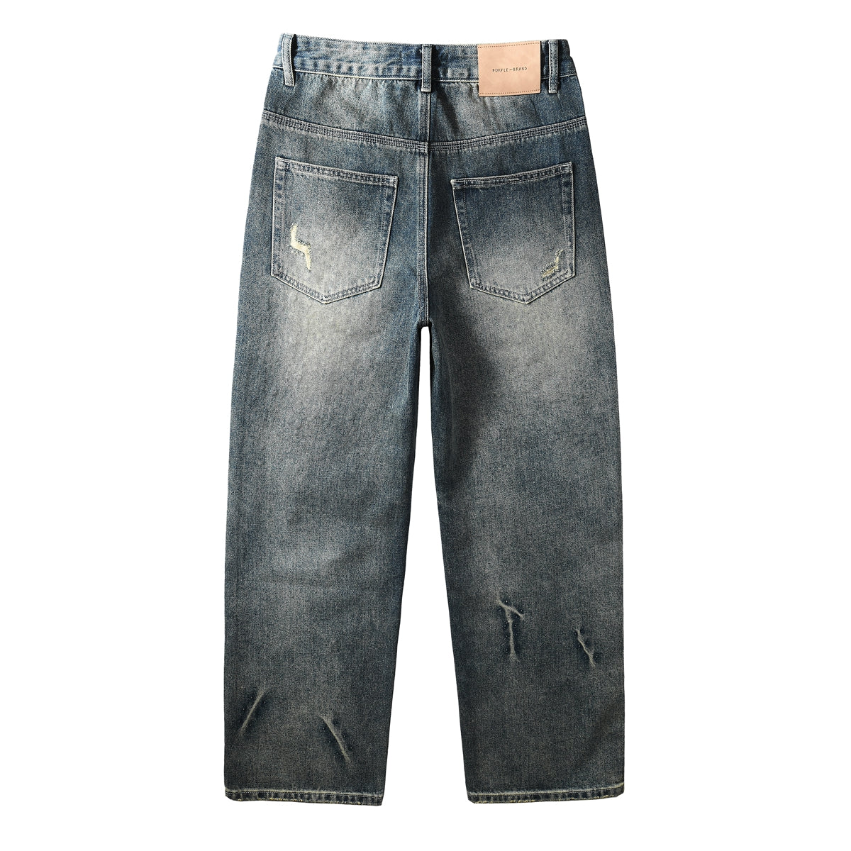Purple Jeans Mens Designer Washed Blue Jeans Loose Fit with Crystal Embellishment and Edgy Ripped Look 9131