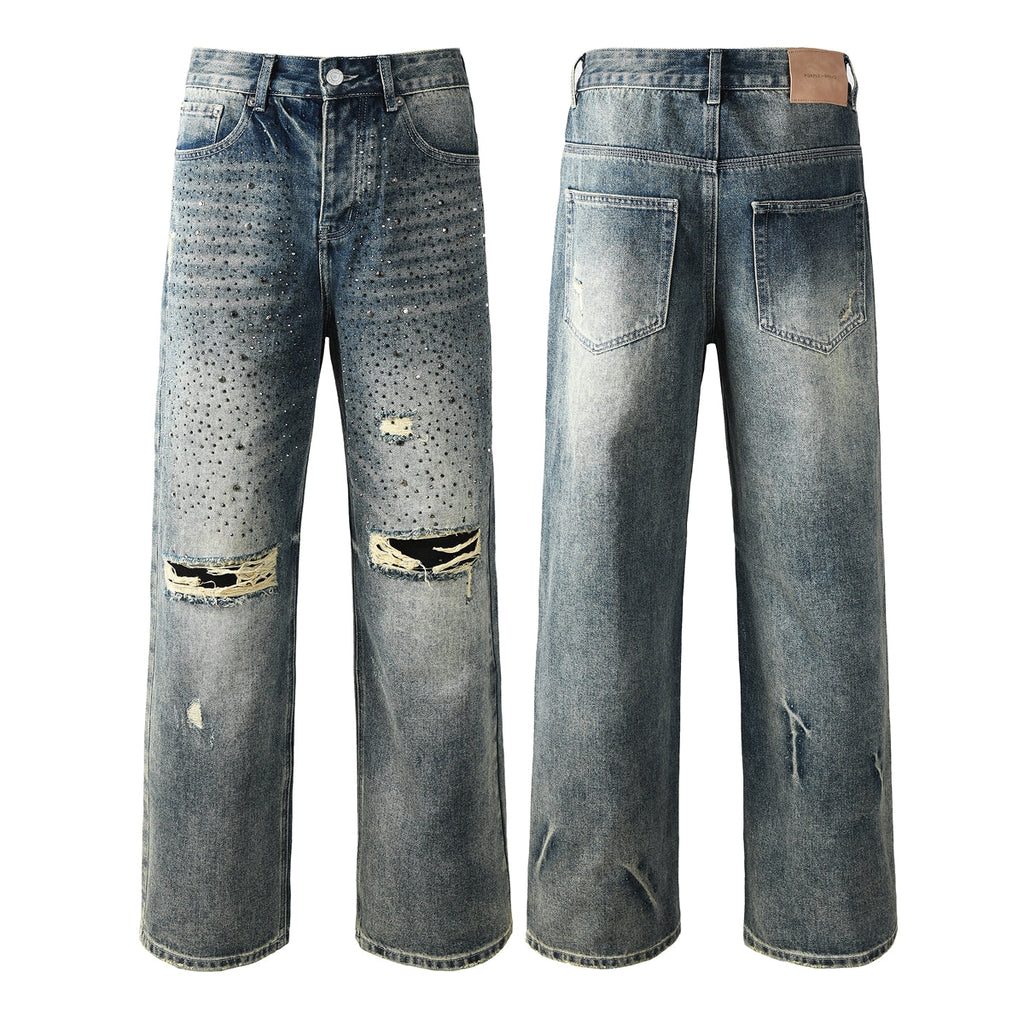 Purple Jeans Mens Designer Washed Blue Jeans Loose Fit with Crystal Embellishment and Edgy Ripped Look 9131