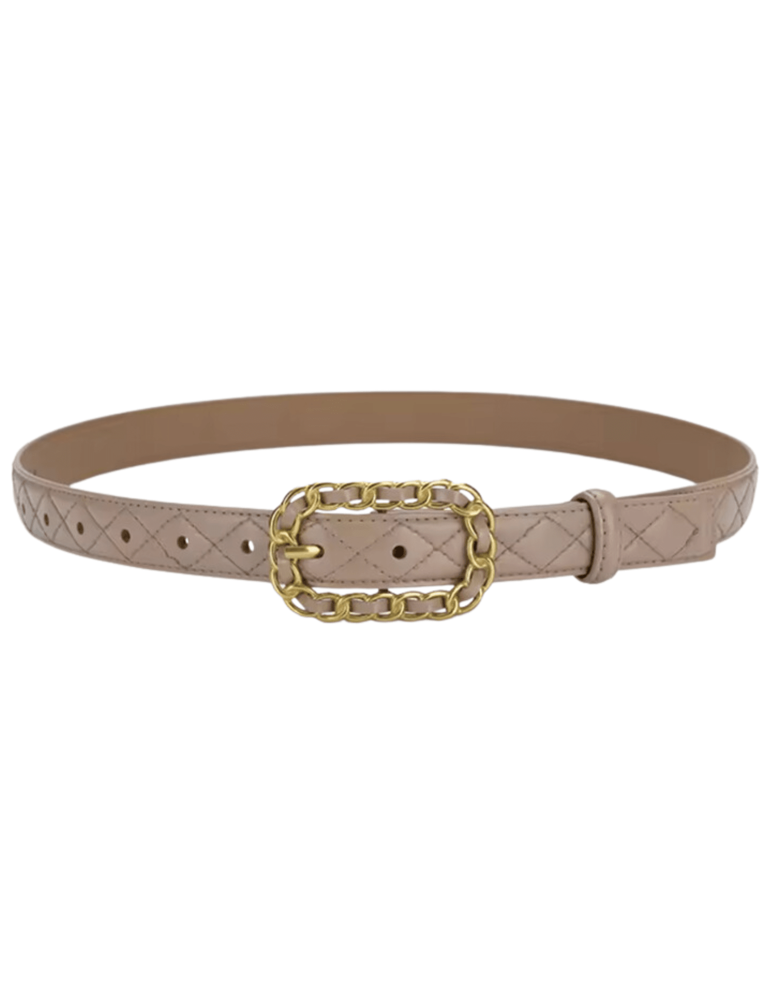 Fleur de Camélia Kimmy Quilted Leather Chain Buckle Belt in Taupe