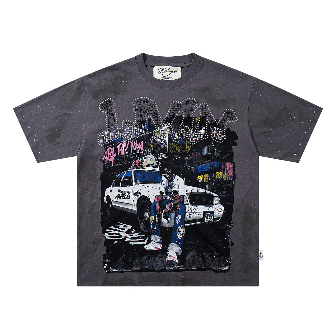 BKYS Vintage Street Portrait Crystal Embellished Graphic T-Shirt
